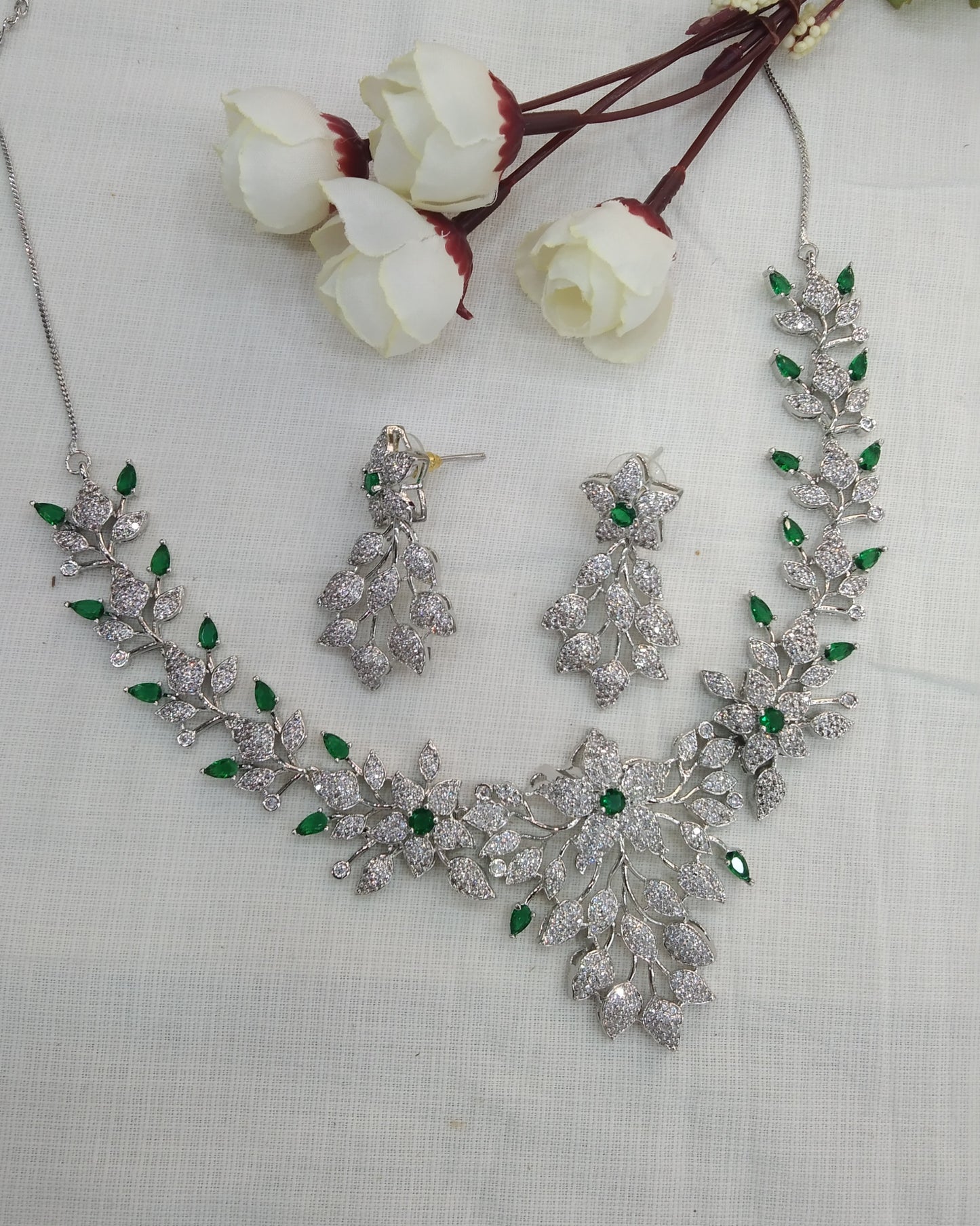 Green Silver American Diamond Cz Necklace Jewellery Titu Set