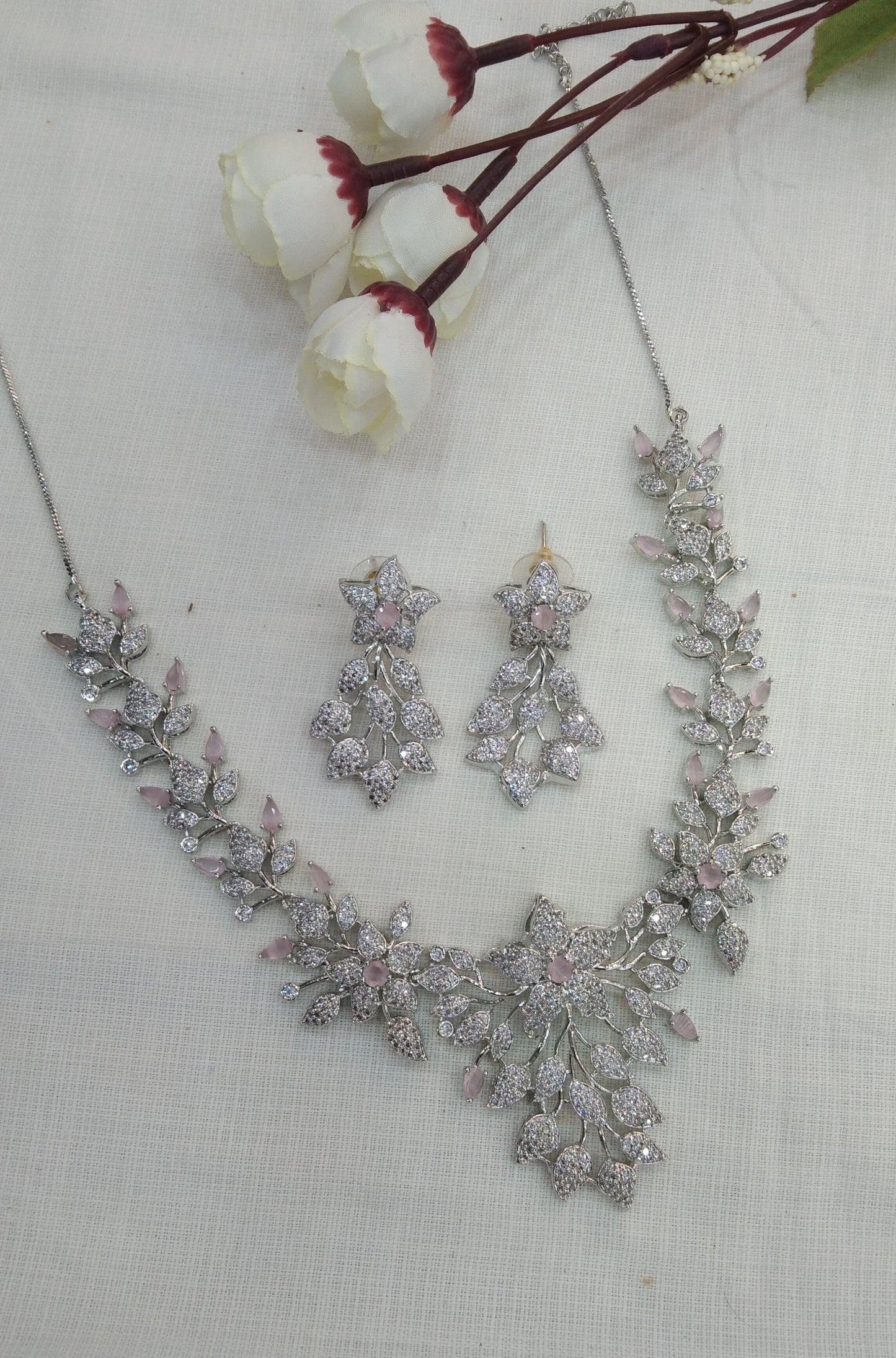 Pink Silver American Diamond Cz Necklace Jewellery Titu Set