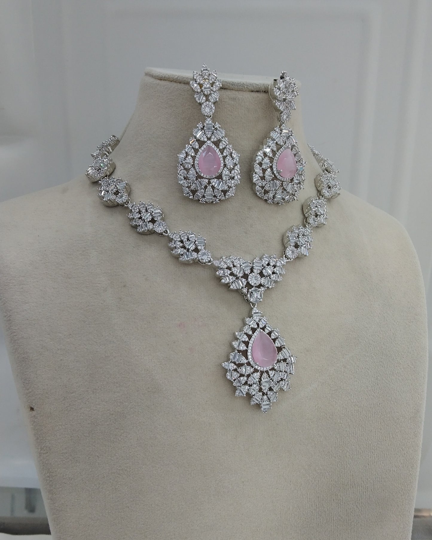 Pink Silver American Diamond Cz Necklace Jewellery Ritu Set