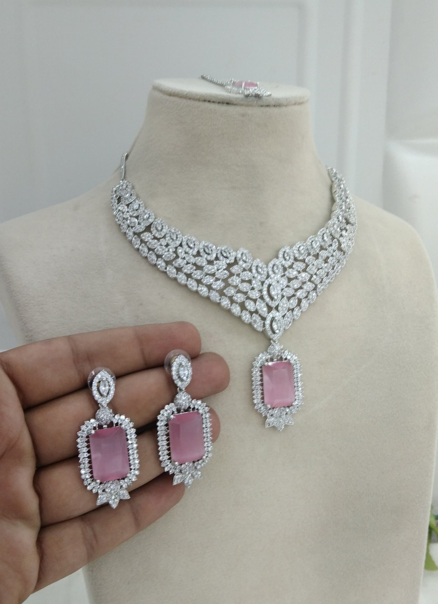 Pink Silver American Diamond Cz Necklace Jewellery Switi Set