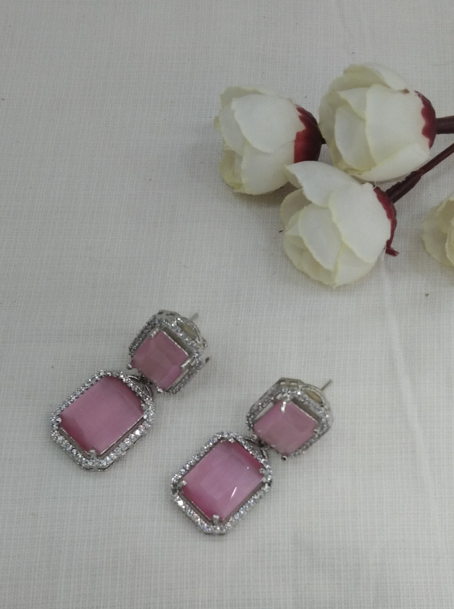 Pink Silver Cz American Diamond Earrings Kiran Jewellery Online
