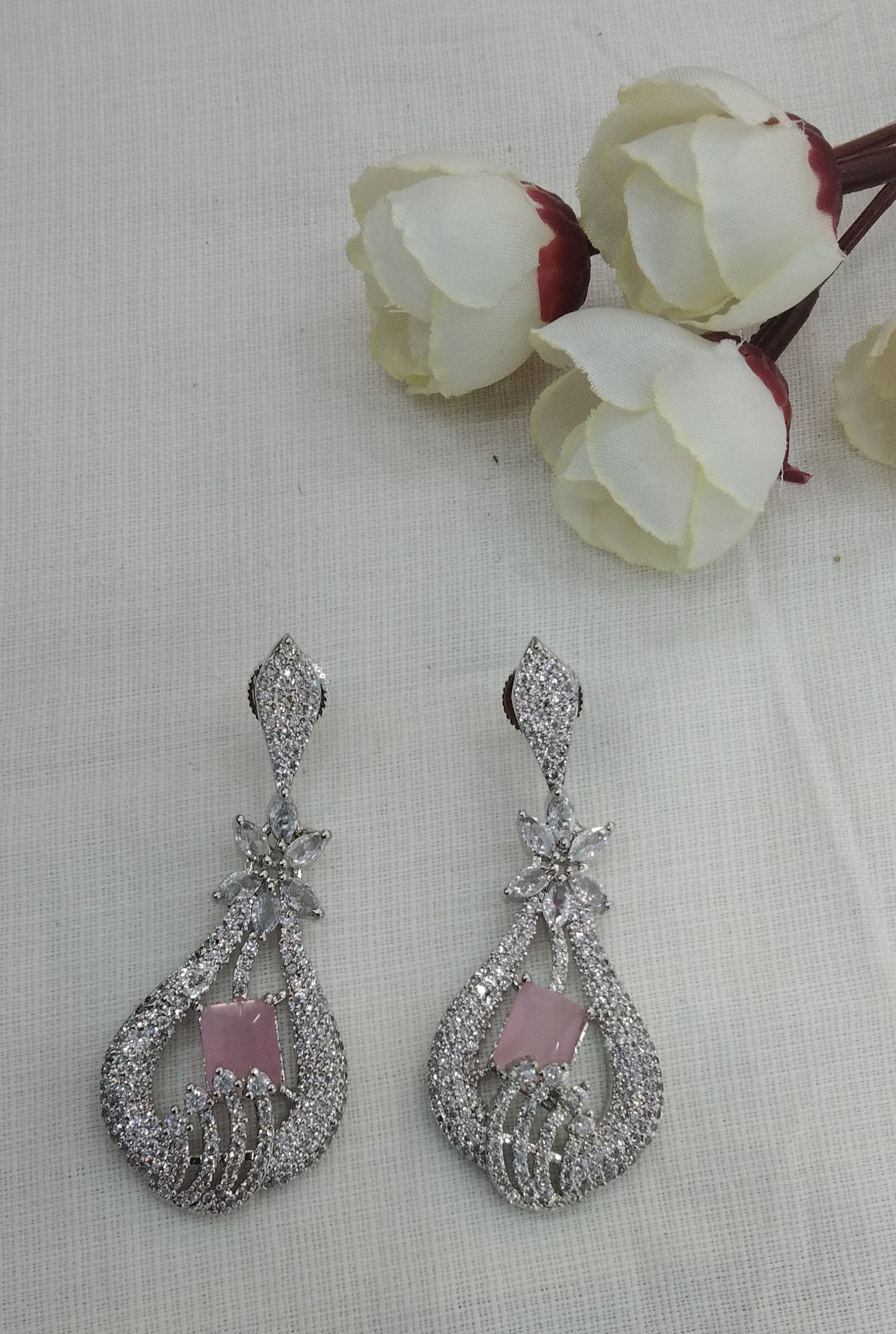Pink Silver Cz American Diamond Earrings Kiran Jewellery Online
