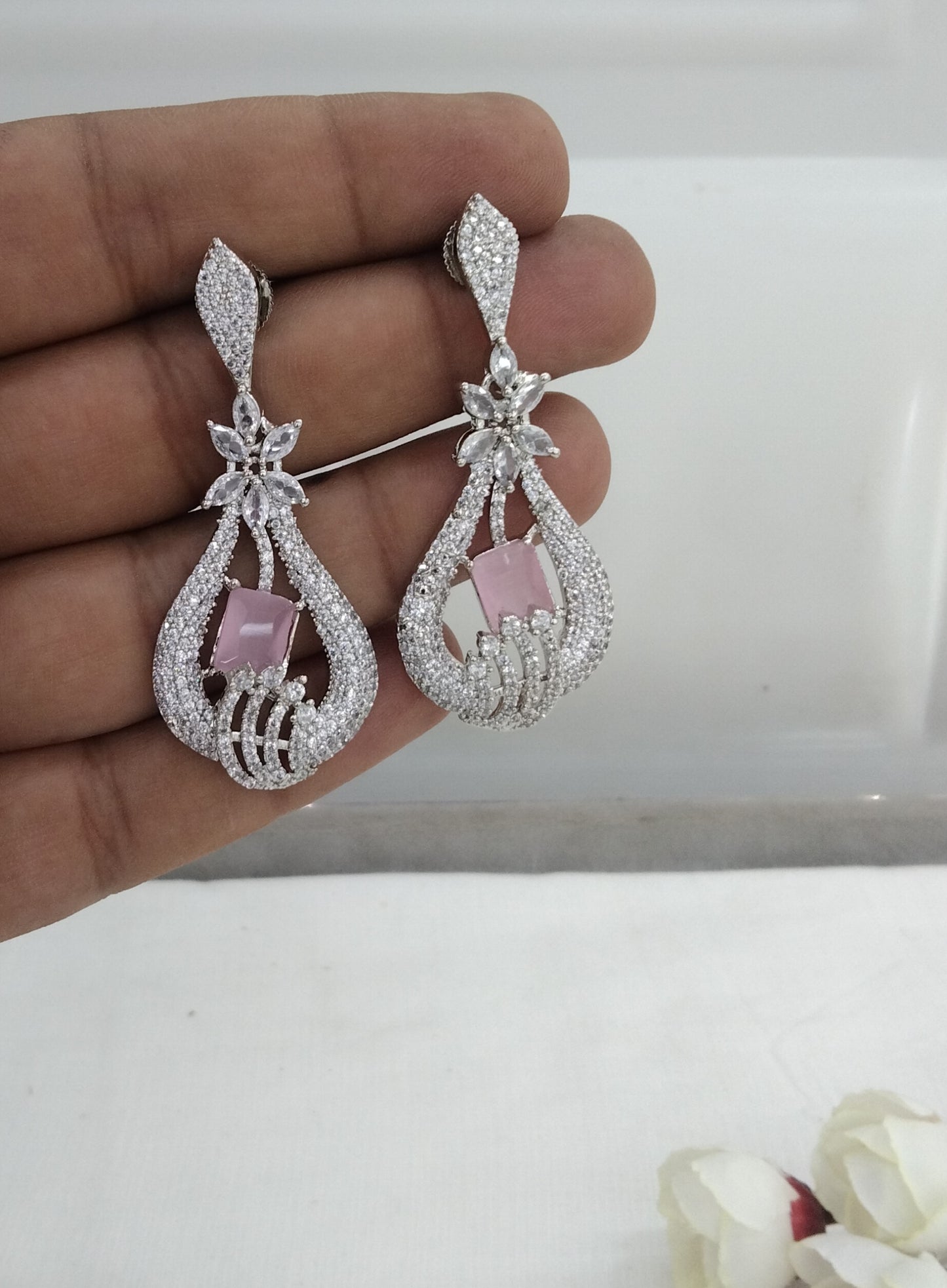 Pink Silver Cz American Diamond Earrings Kiran Jewellery Online