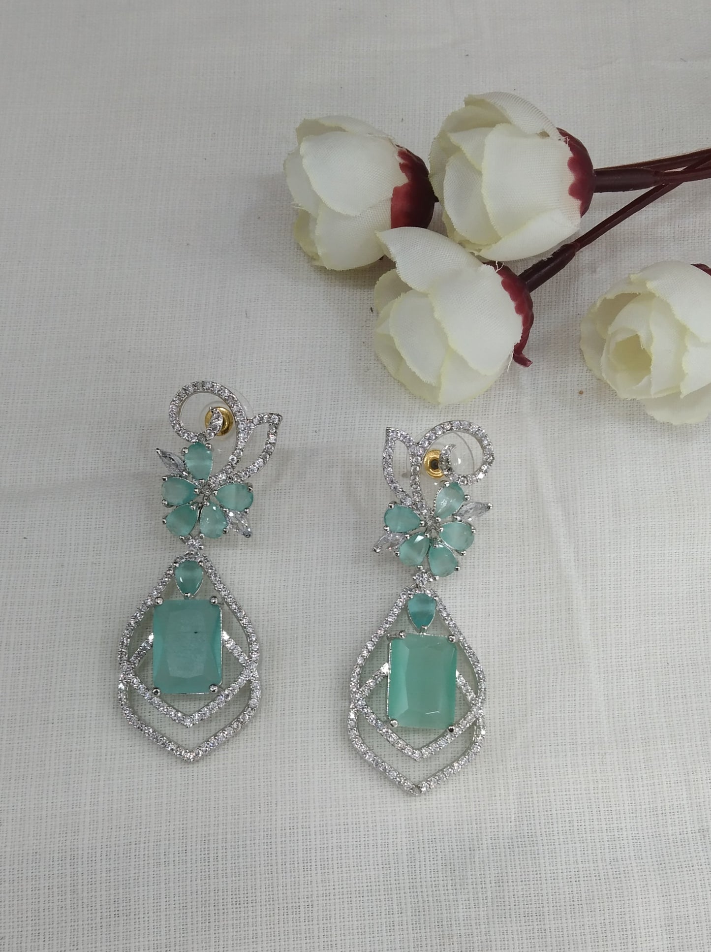 Sea Green Silver Cz American Diamond Earrings Kiran Jewellery Online