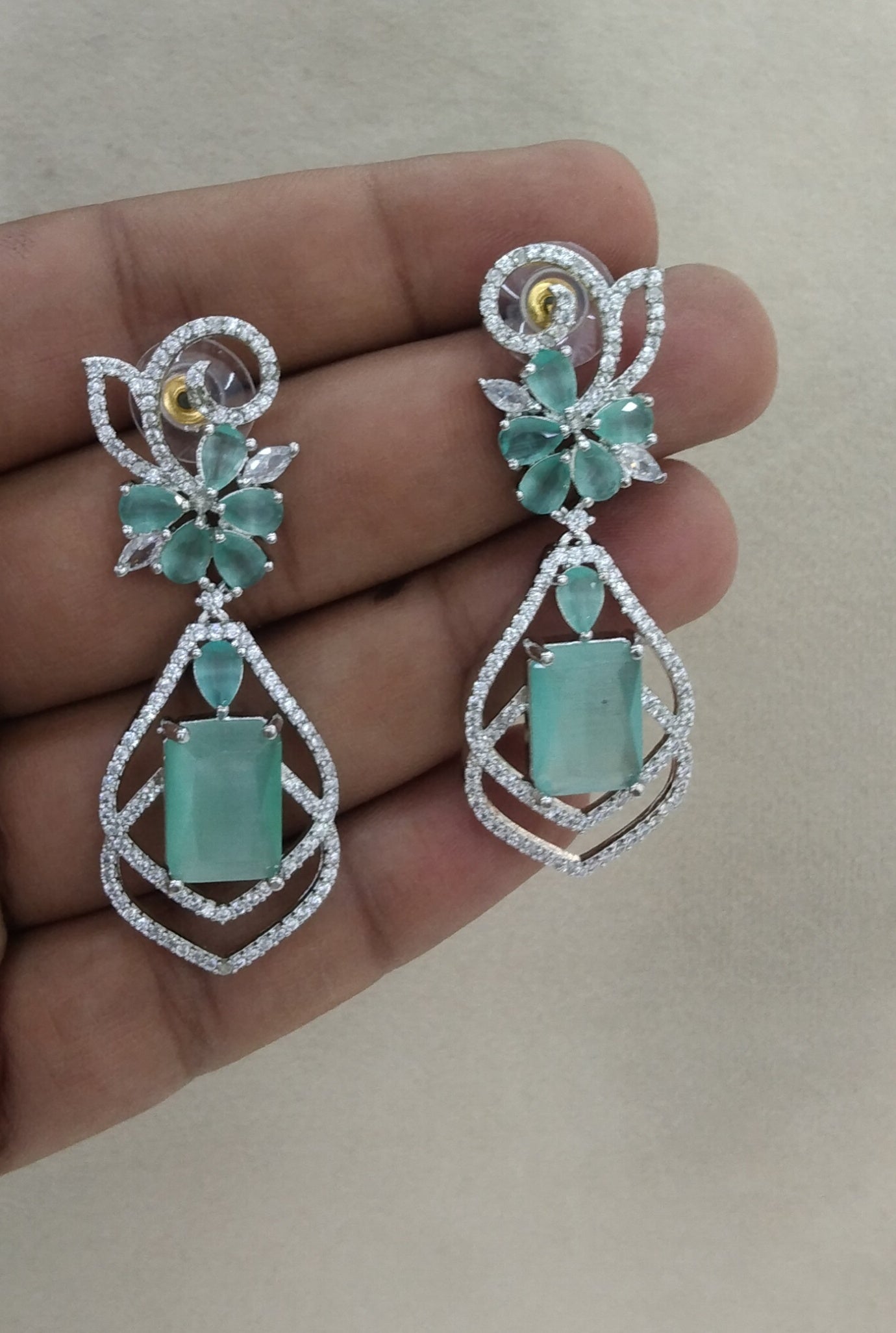 Sea Green Silver Cz American Diamond Earrings Kiran Jewellery Online