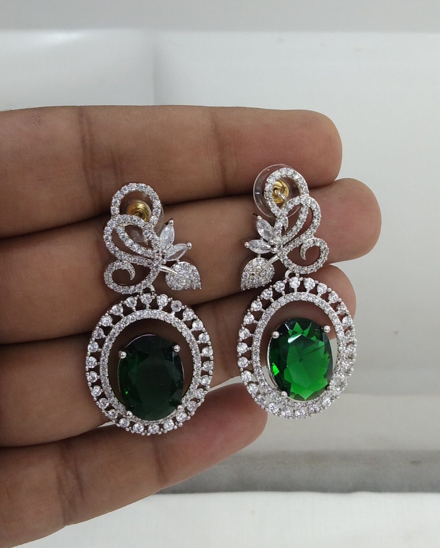 Green Silver Cz American Diamond Earrings Kiran Jewellery Online