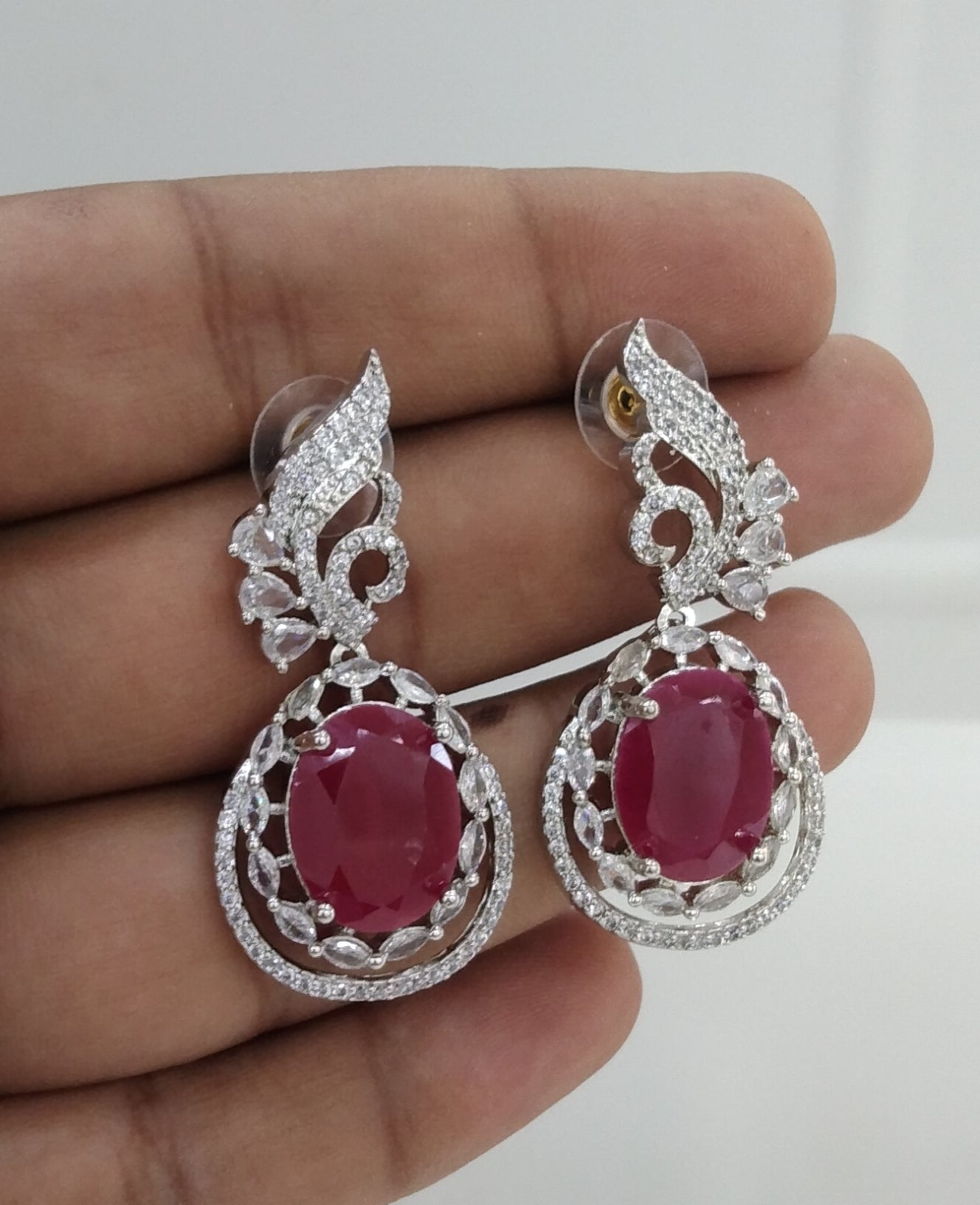 Ruby Silver Cz American Diamond Earrings Kiran Jewellery Online