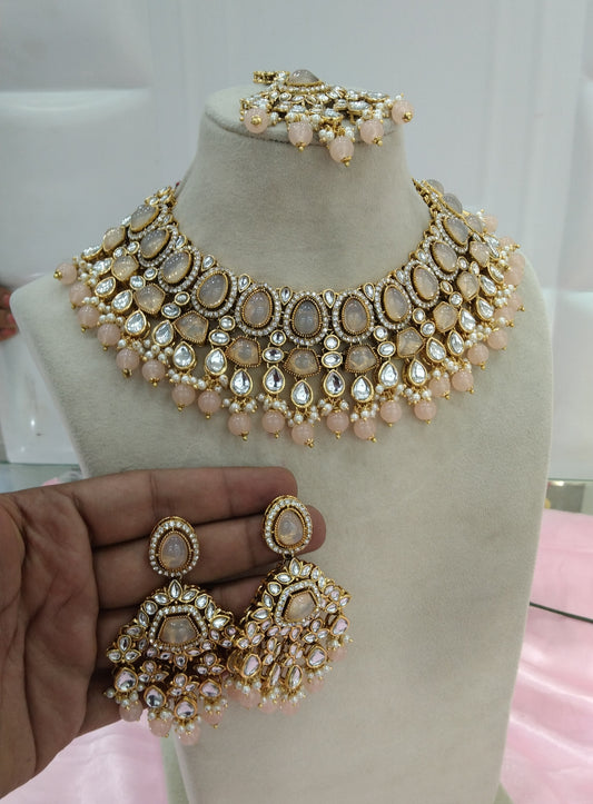 Peach Kundan Necklace Jewellery Jivin Set