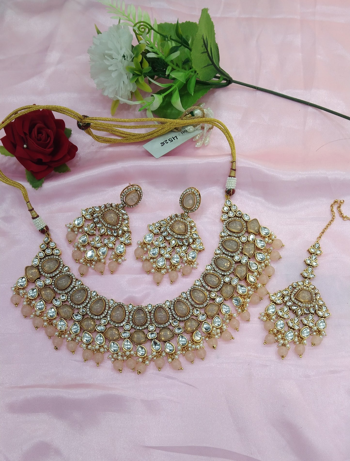 Peach Kundan Necklace Jewellery Jivin Set