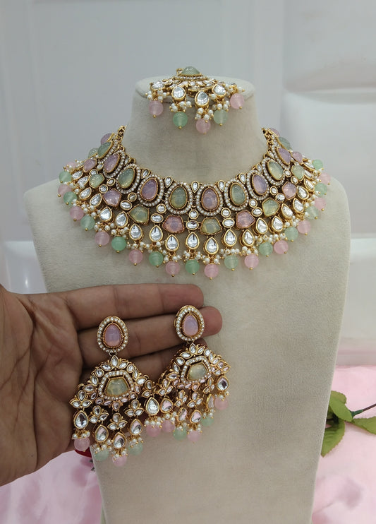 Mint Pink Kundan Necklace Jewellery Jivin Set