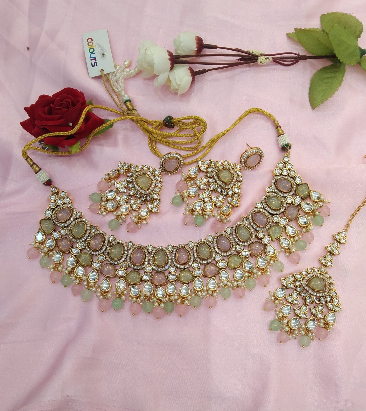 Mint Pink Kundan Necklace Jewellery Jivin Set