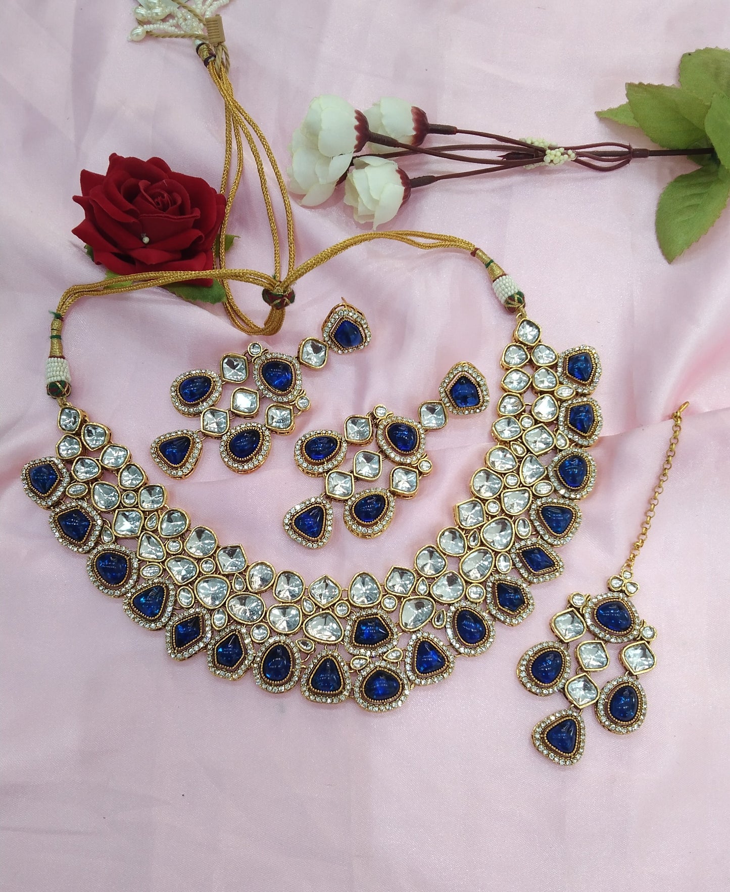 Blue Kundan Necklace Jewellery Earav Set