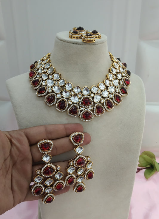 Maroon Kundan Necklace Jewellery Earav Set