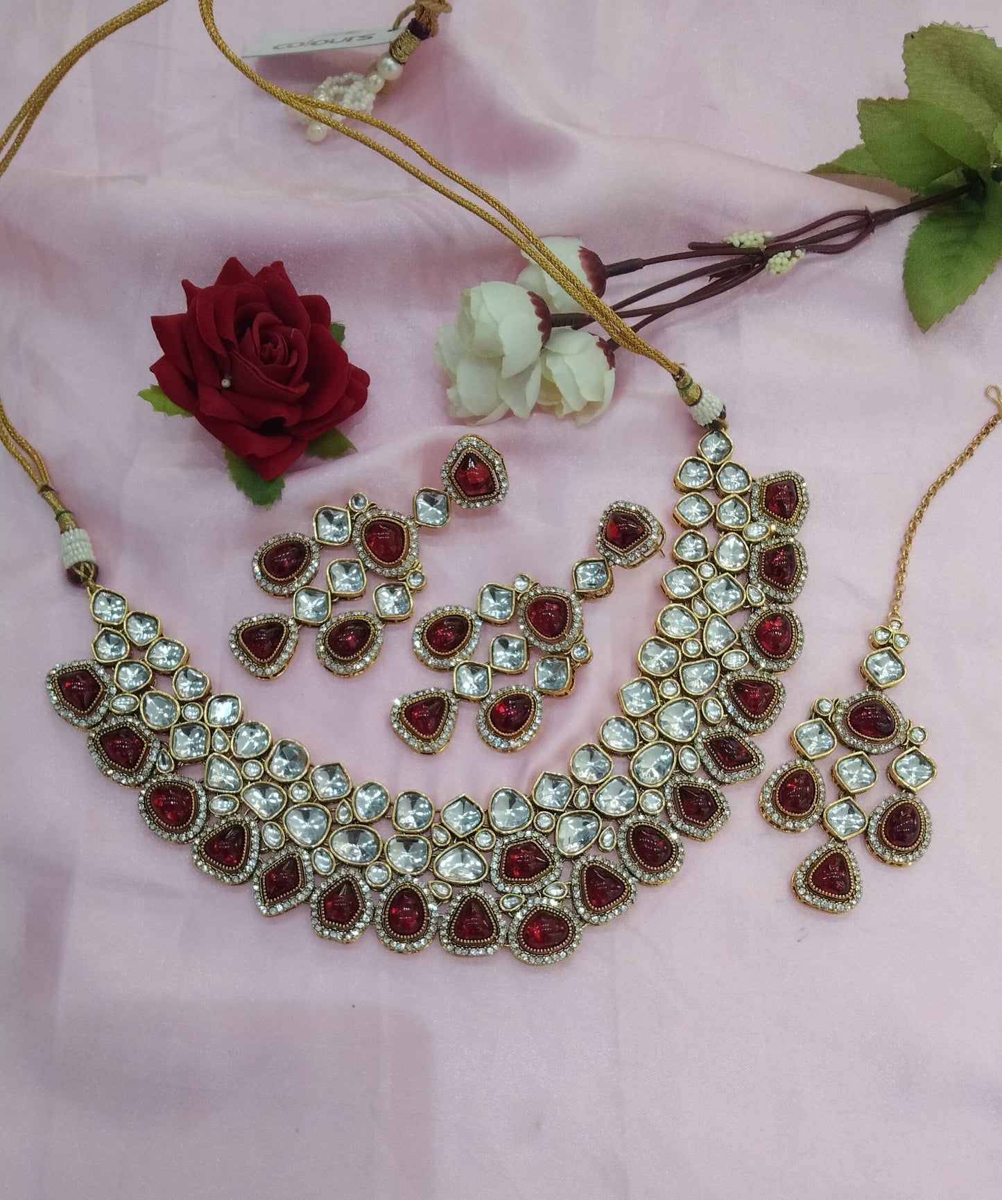 Maroon Kundan Necklace Jewellery Earav Set