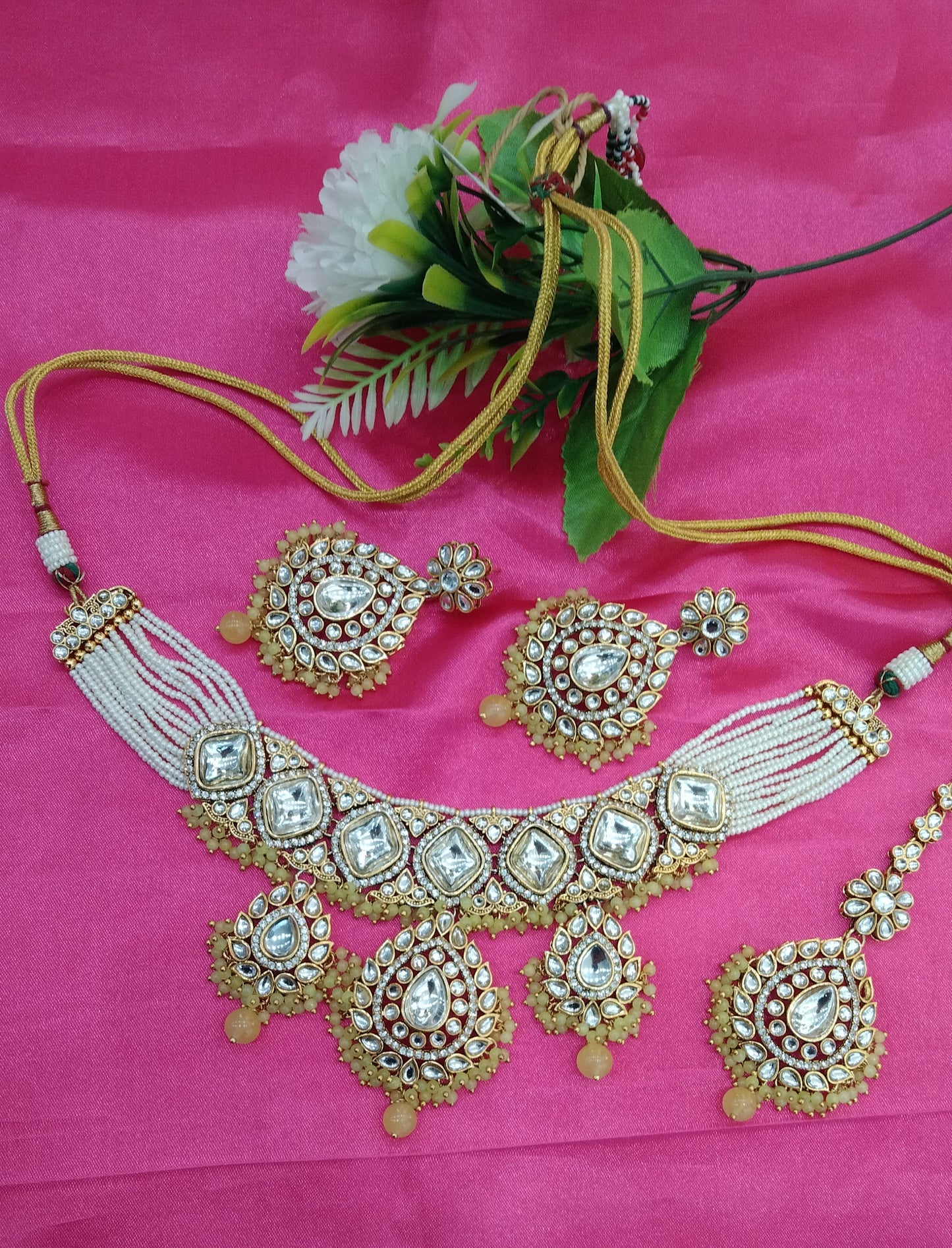 Yellow Kundan Necklace Jewellery Ruby Set
