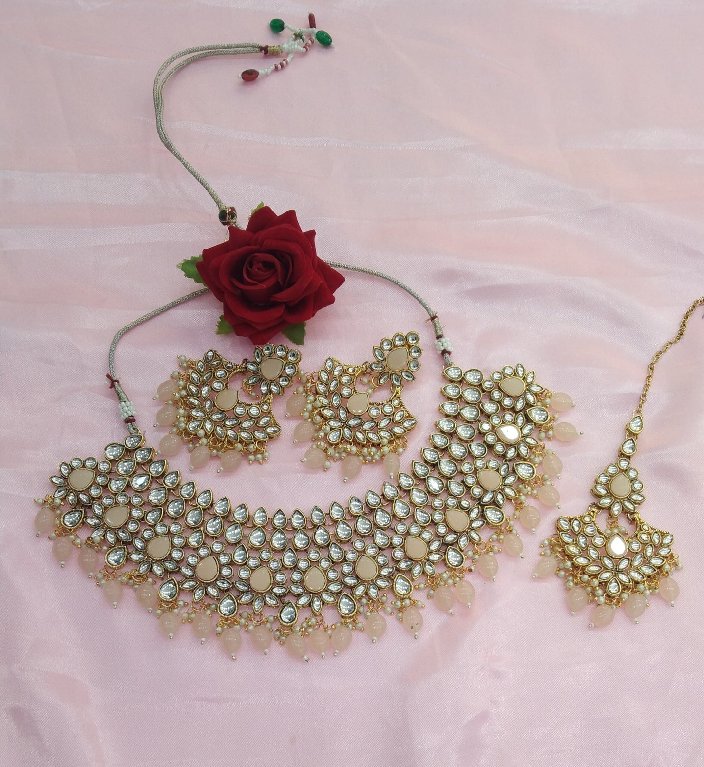 Peach Kundan Necklace Jewellery Heli Set