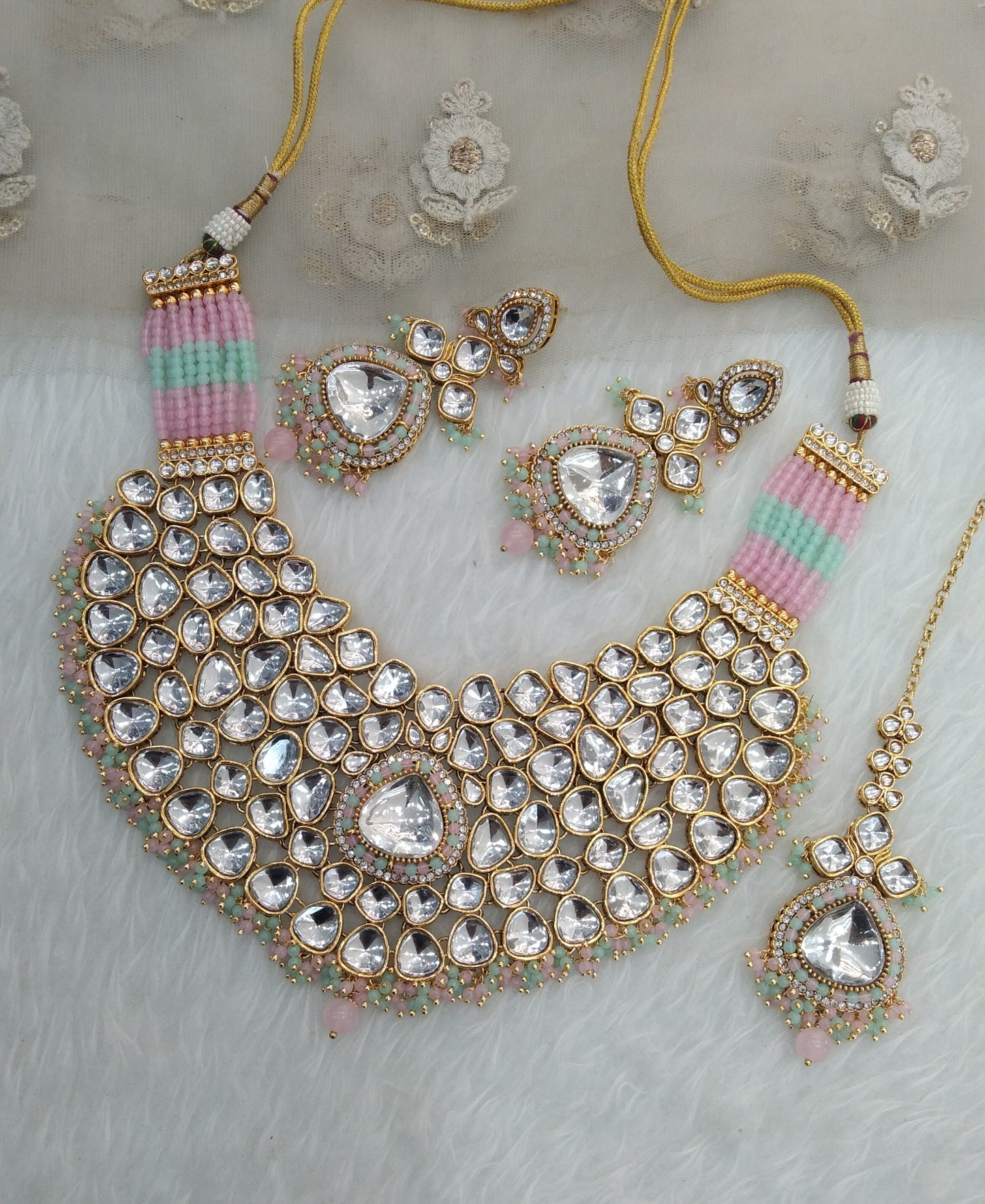 Mint Pink Kundan Necklace Jewellery Arjun Set