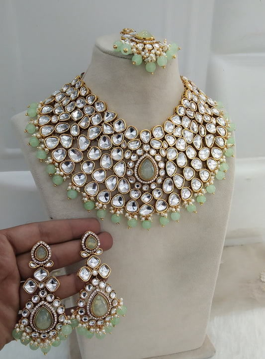 Pastel Green Kundan Necklace Jewellery Kaher Set