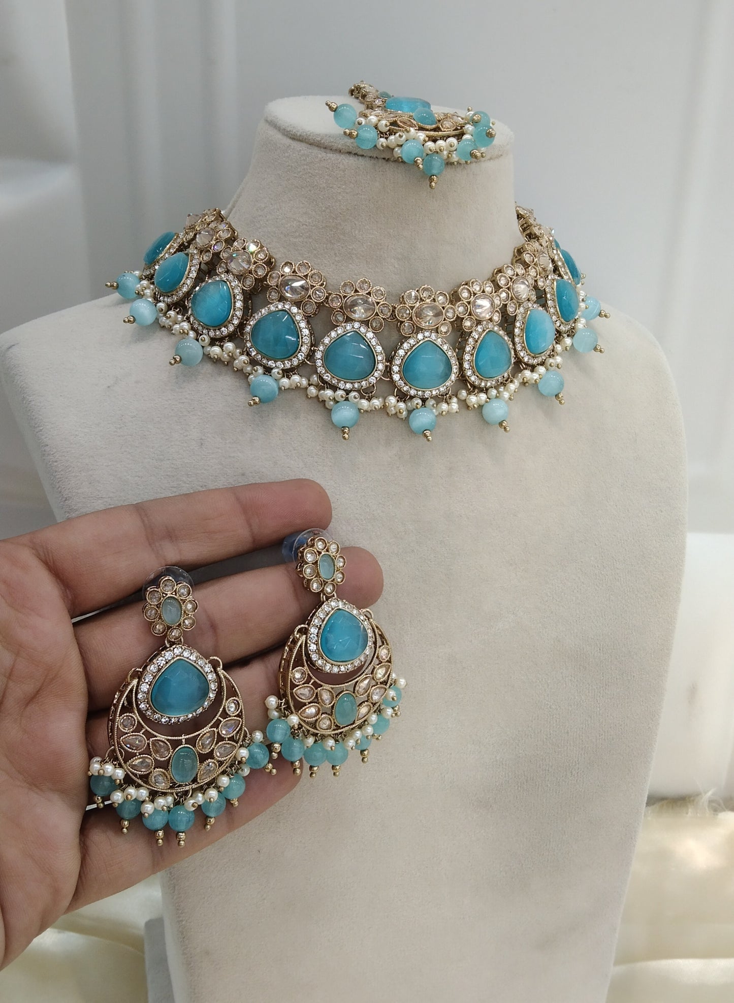 Sky Blue Choker Monalisa Stone Jewellery Muskan Kundan Set