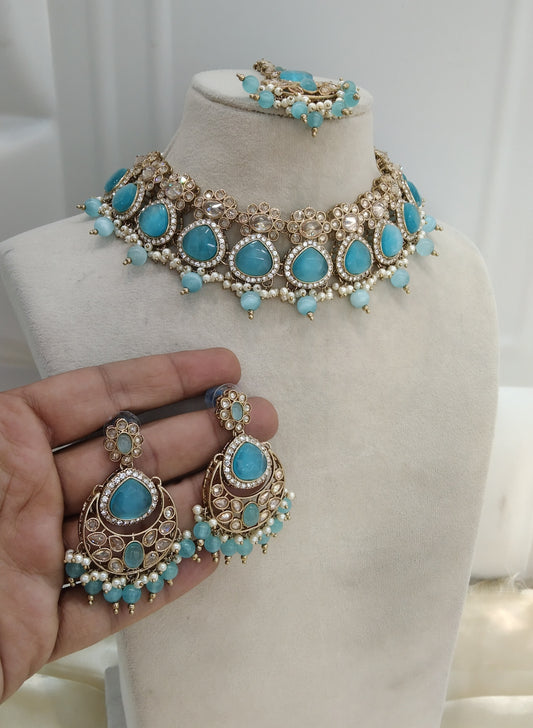 Sky Blue Choker Monalisa Stone Jewellery Muskan Kundan Set