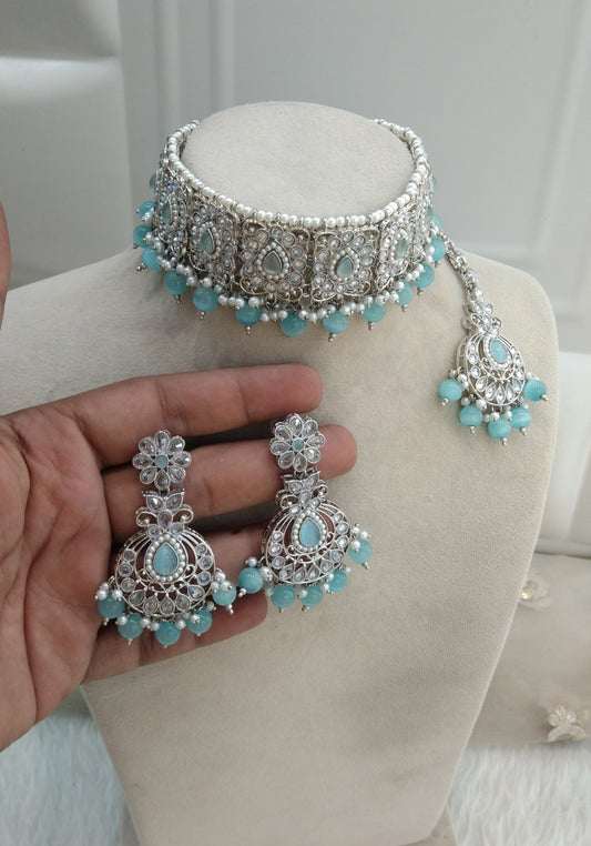 Silver SKy Blue Choker Jewellery Holly  Set