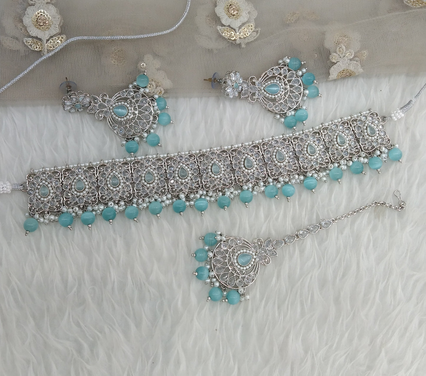 Silver SKy Blue Choker Jewellery Holly Set