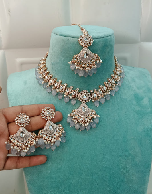 Grey Kundan 21 Karet Necklace Jewellery Hipsi Set