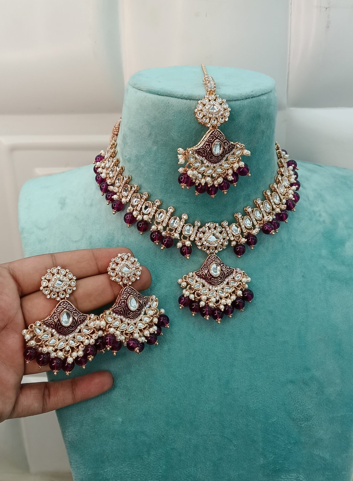 Purple Kundan 21 Karet Necklace Jewellery Hipsi Set