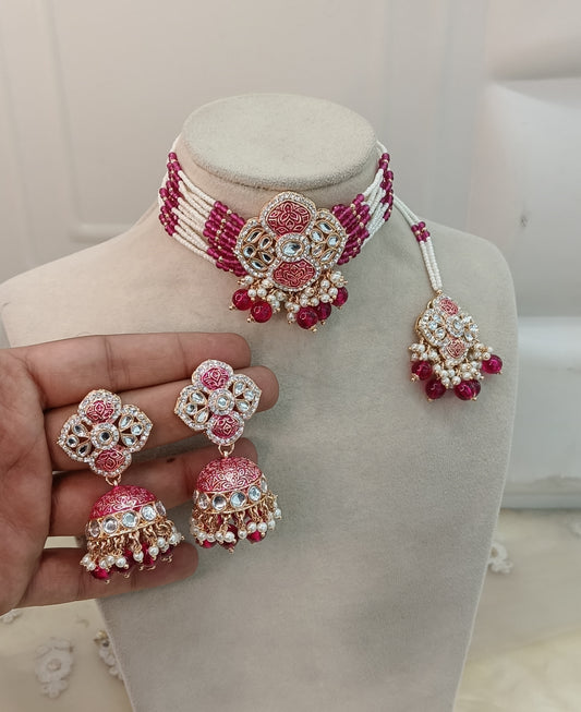 Majenta Kundan 21 Karet Choker Jewellery Hipsi Set