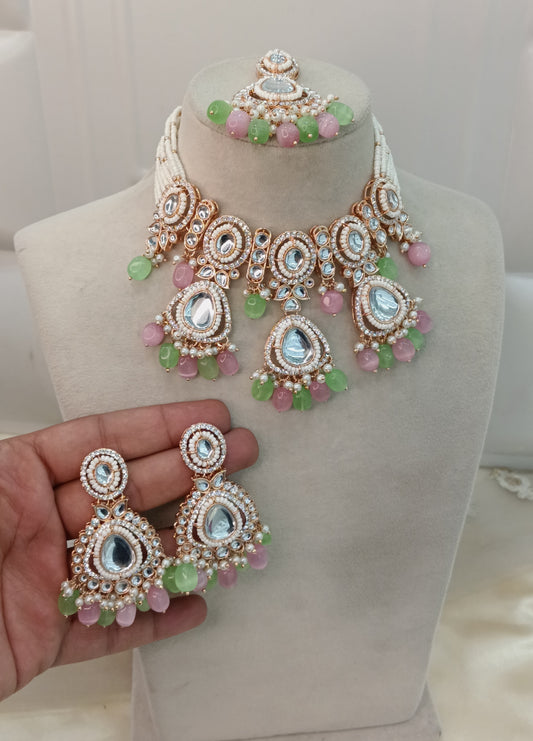 Mint Pink Kundan 21 Karet Choker Jewellery Hudi Set