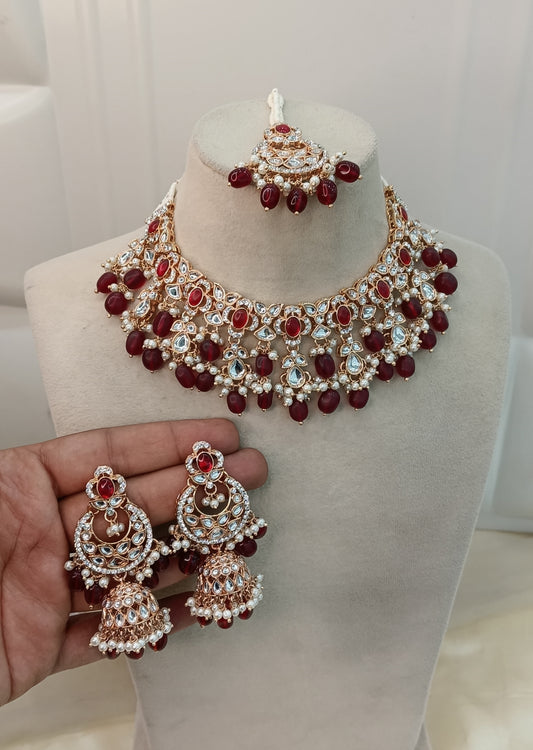 Maroon Kundan 21 Karet Necklace Jewellery Tapes Sett