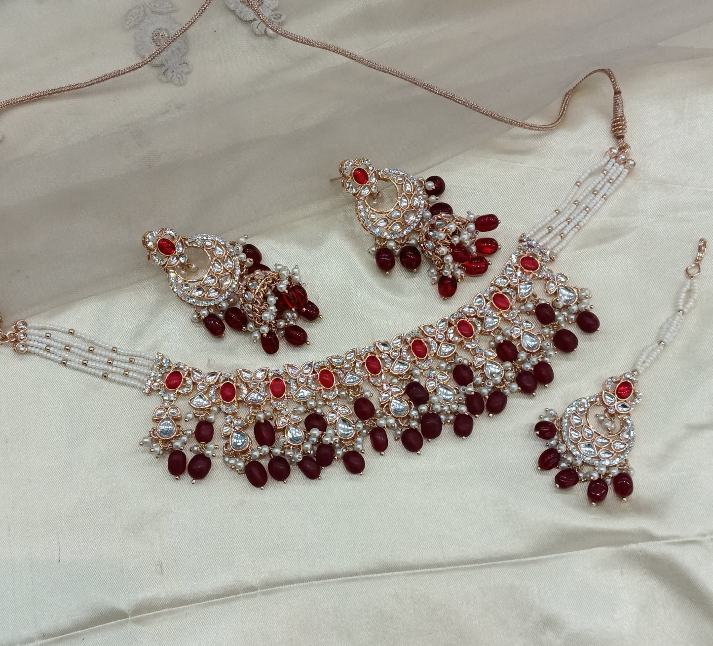 Maroon Kundan 21 Karet Necklace Jewellery Tapes Sett