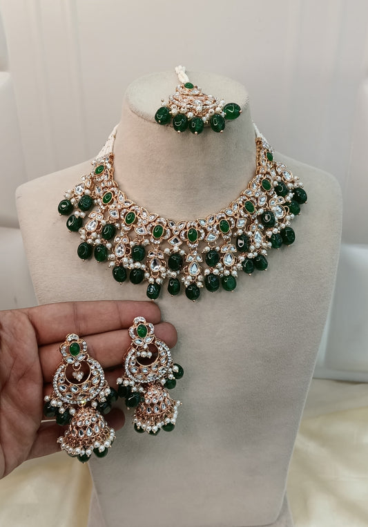 Green Kundan 21 Karet Necklace Jewellery Tapes Sett