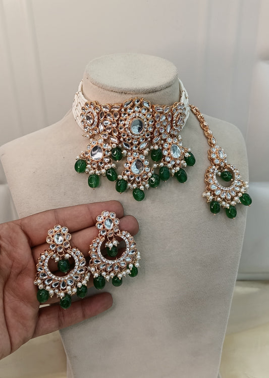 Green Kundan 21 Karet Choker Jewellery Huchi Sett