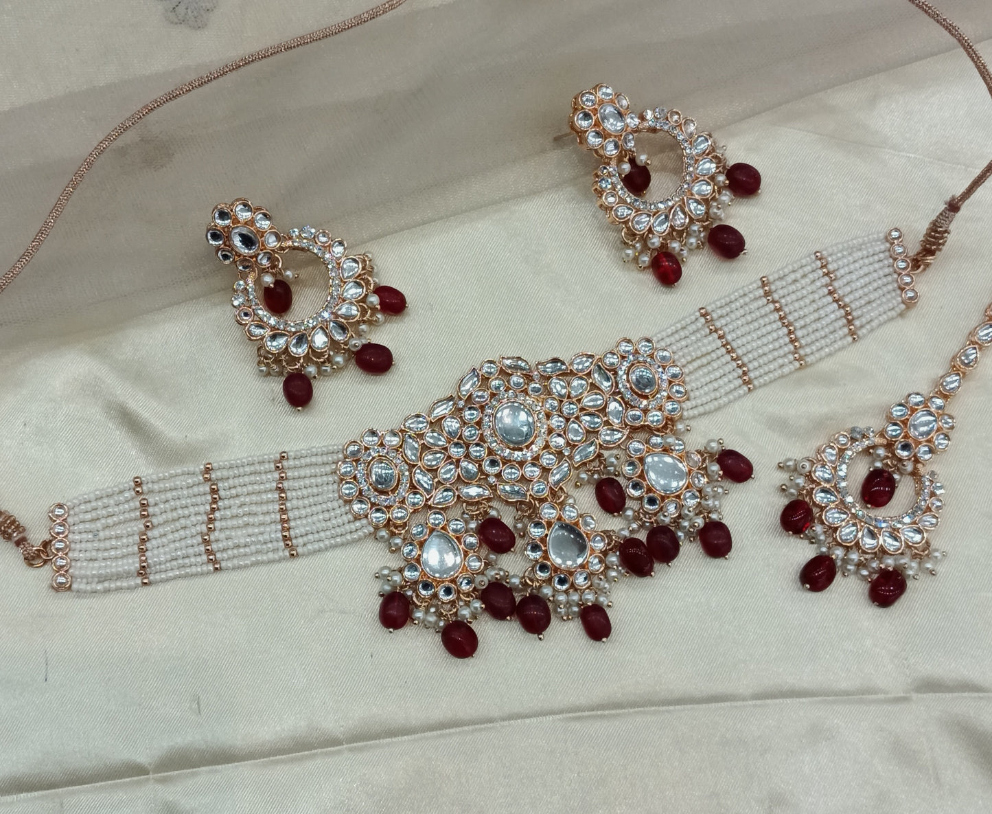 Maroon Kundan 21 Karet Choker Jewellery Huchi Sett