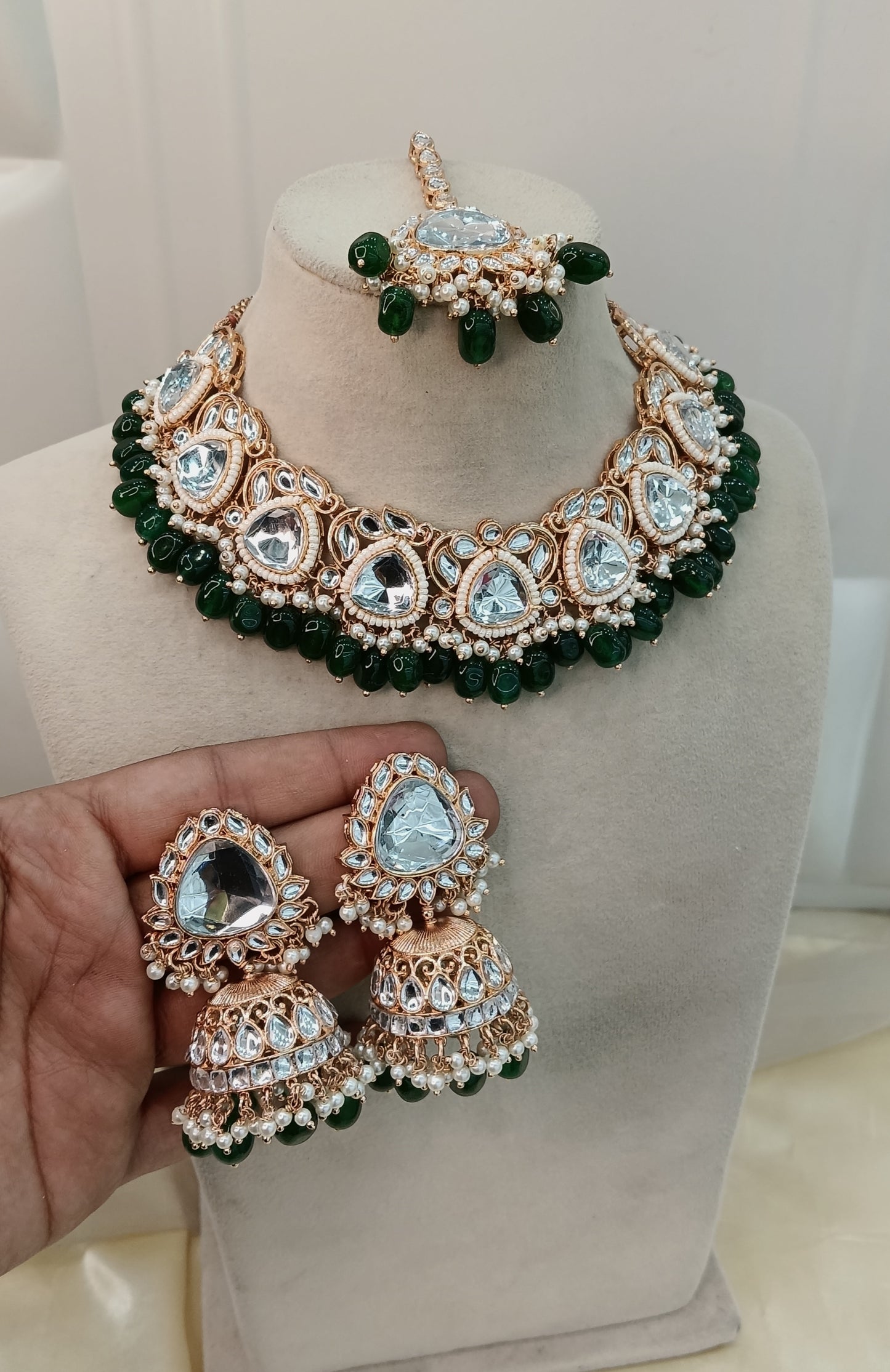 Green Kundan 21 Karet Necklace Jewellery Hari Set