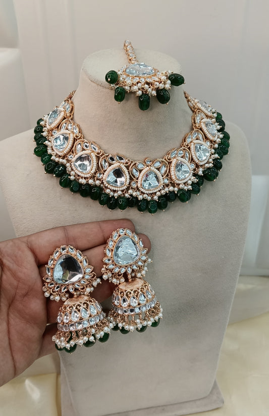 Green Kundan 21 Karet Necklace Jewellery Hari Set
