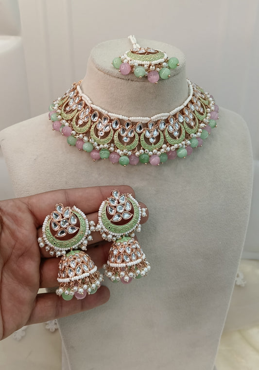 Mint Pink Kundan Karet Choker Jewellery Braillo Set