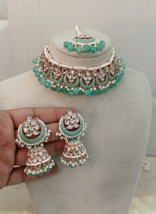 Turquoise Kundan Karet Choker Jewellery Braillo Set