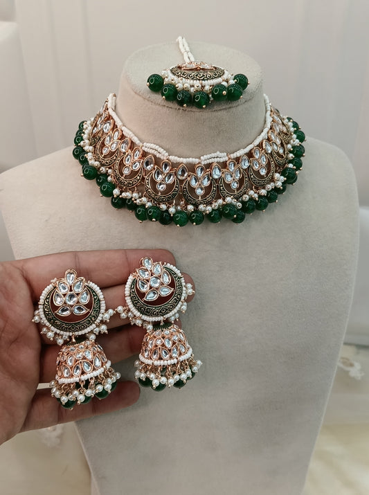 Green Kundan Karet Choker Jewellery Braillo Set