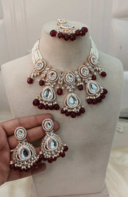 Maroon Kundan 21 Karet Choker Jewellery hudiSet
