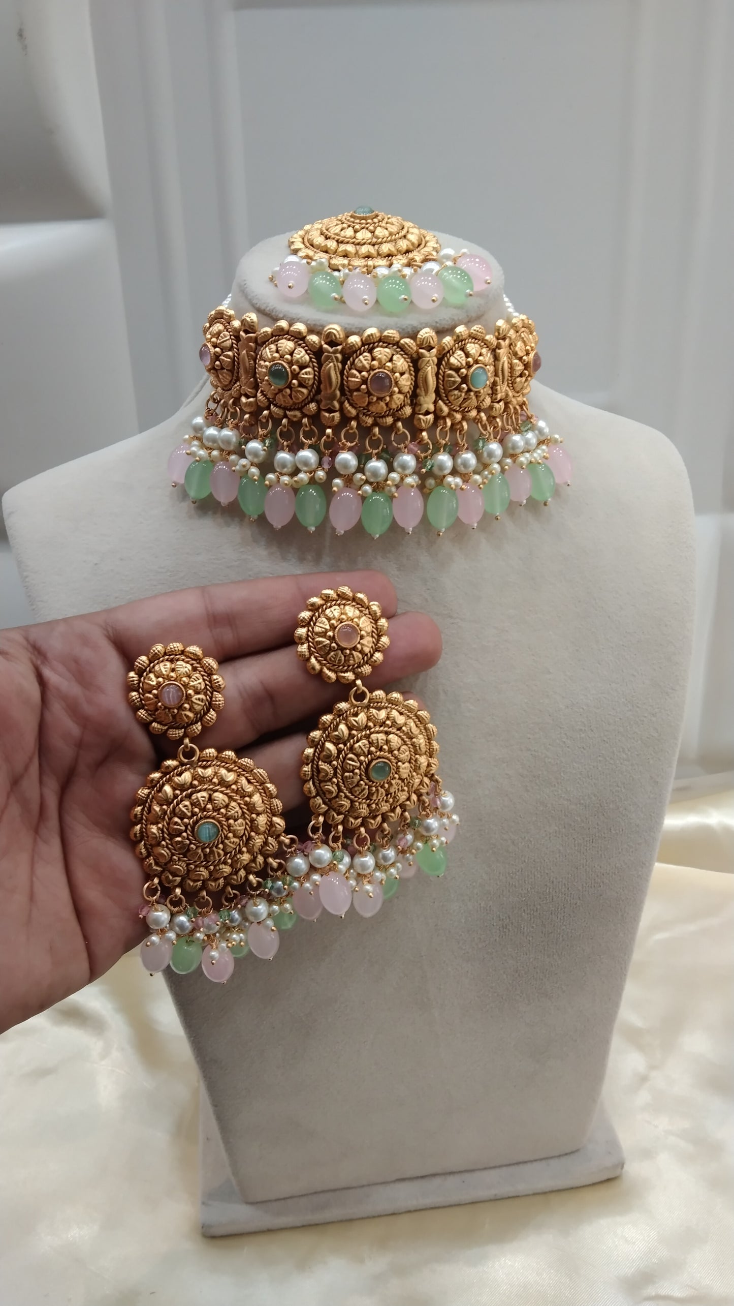 Mint Pink Gold Punjabi choker Birpal set