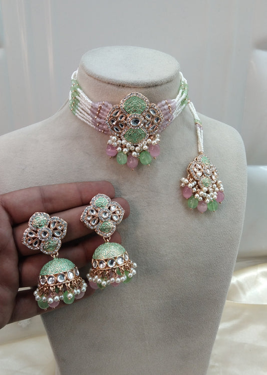 Mint Pink Kundan 21 Karet Choker Jewellery Hipsi Set