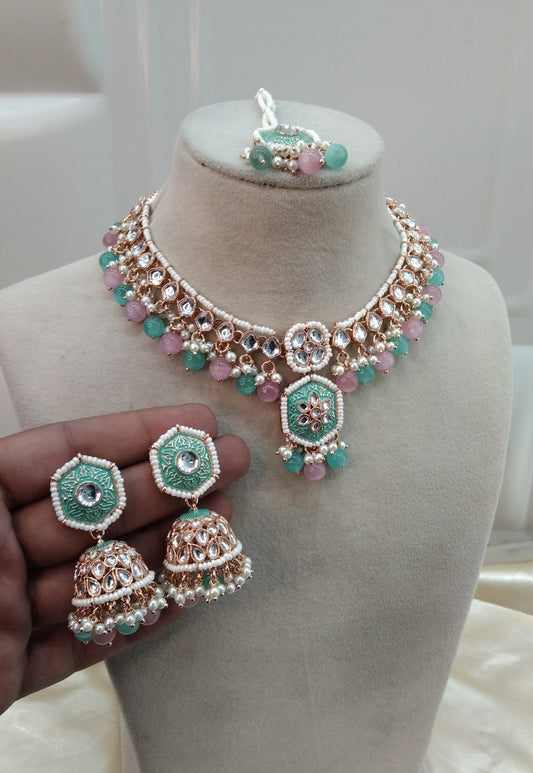 Sea Green Pink Kundan 21 Karet Necklace Jewellery Preserve Set