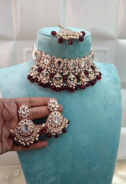 Maroon Kundan 21 Karet Choker Jewellery Huchi Set