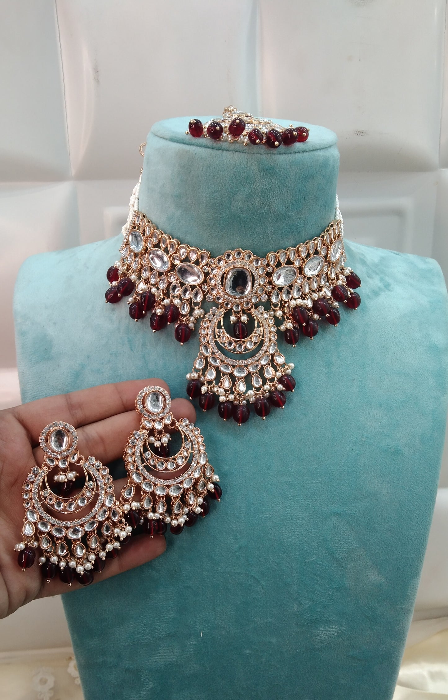 Maroon Kundan 21 Karet Choker Jewellery Hira Set