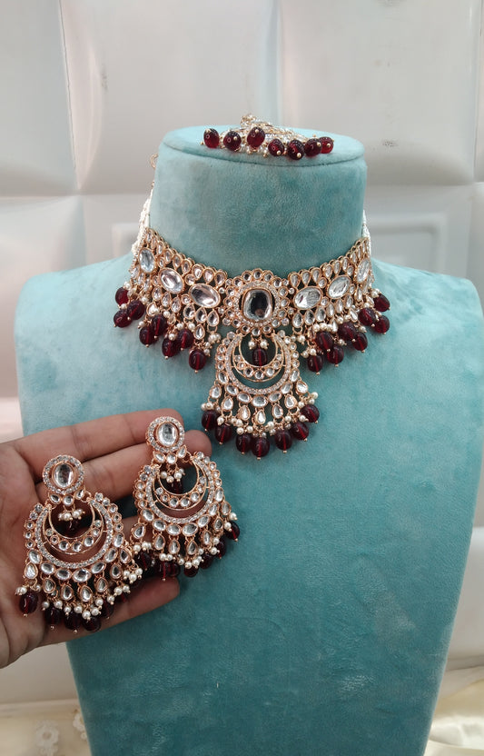 Maroon Kundan 21 Karet Choker Jewellery Hira Set