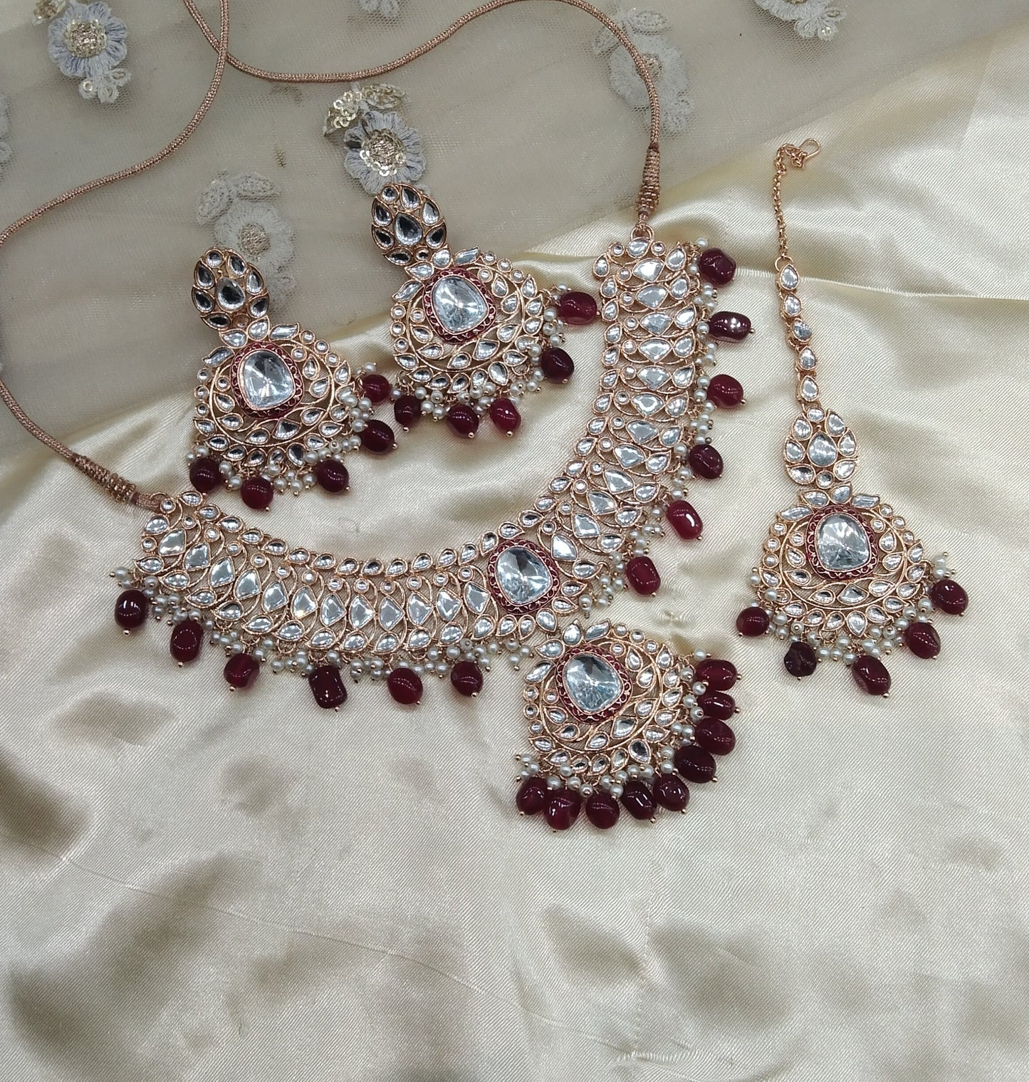 Maroon Kundan 21 Karet Necklace Jewellery Hari Set