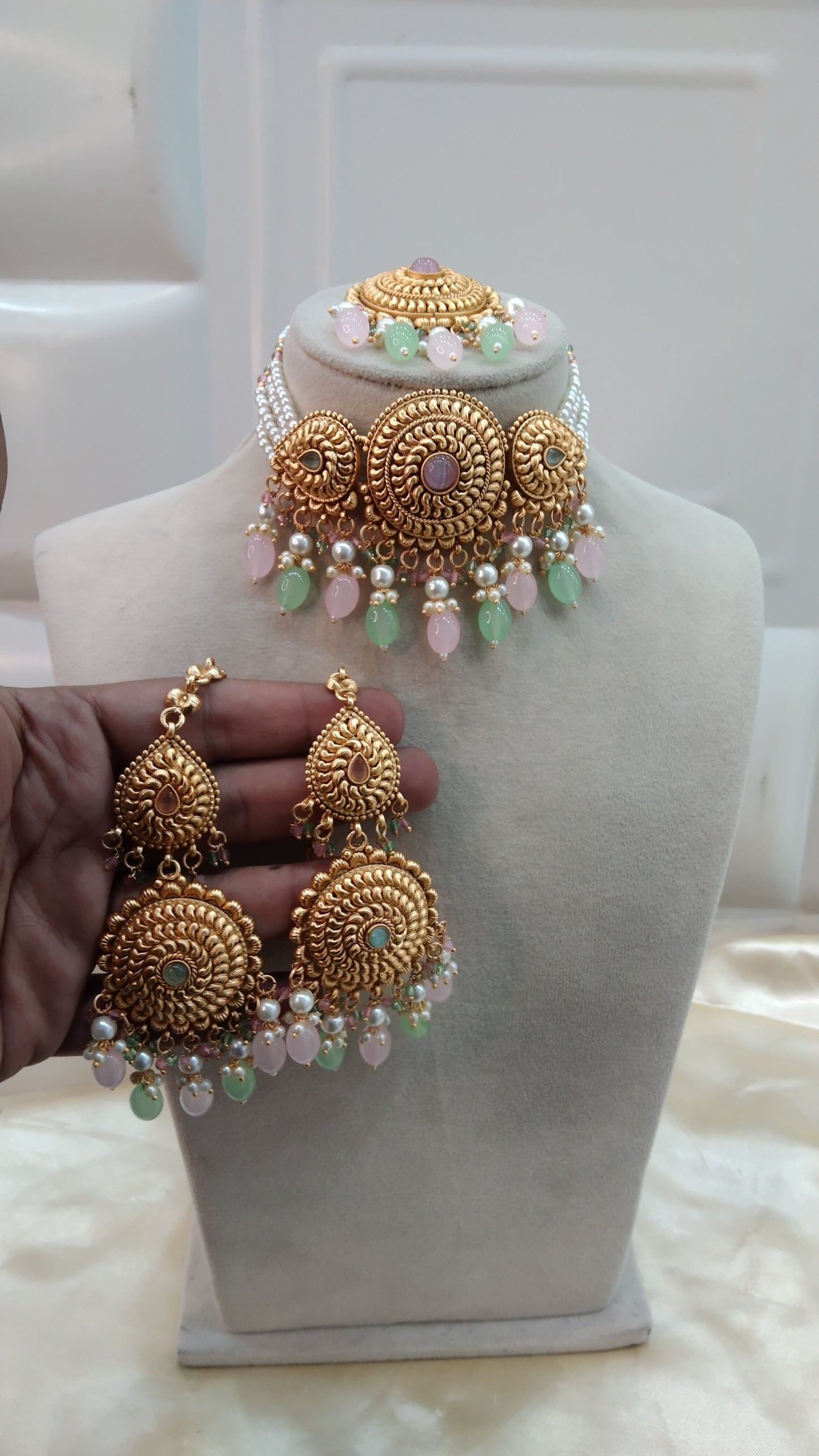 Mint Pink Gold Punjabi choker Birpal set