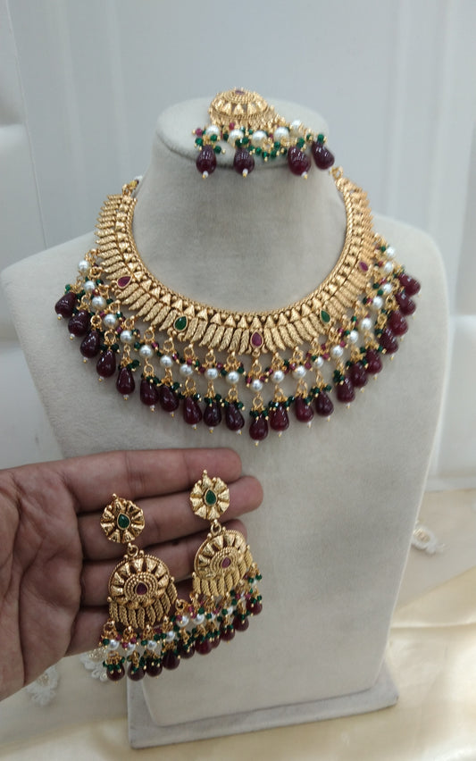 Maroon Green Gold Punjabi Nacklace Birpal set